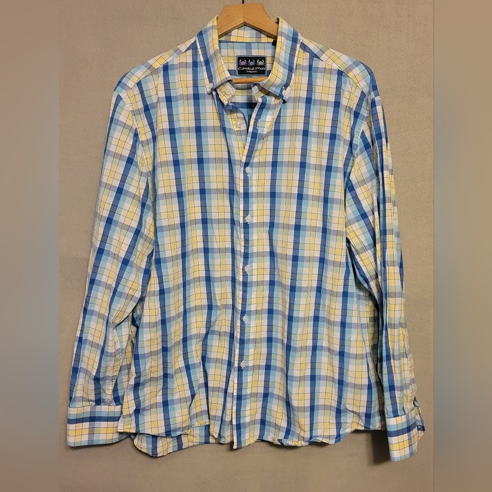 Men's Blue and Yellow Plaid Button-Down Shirt
